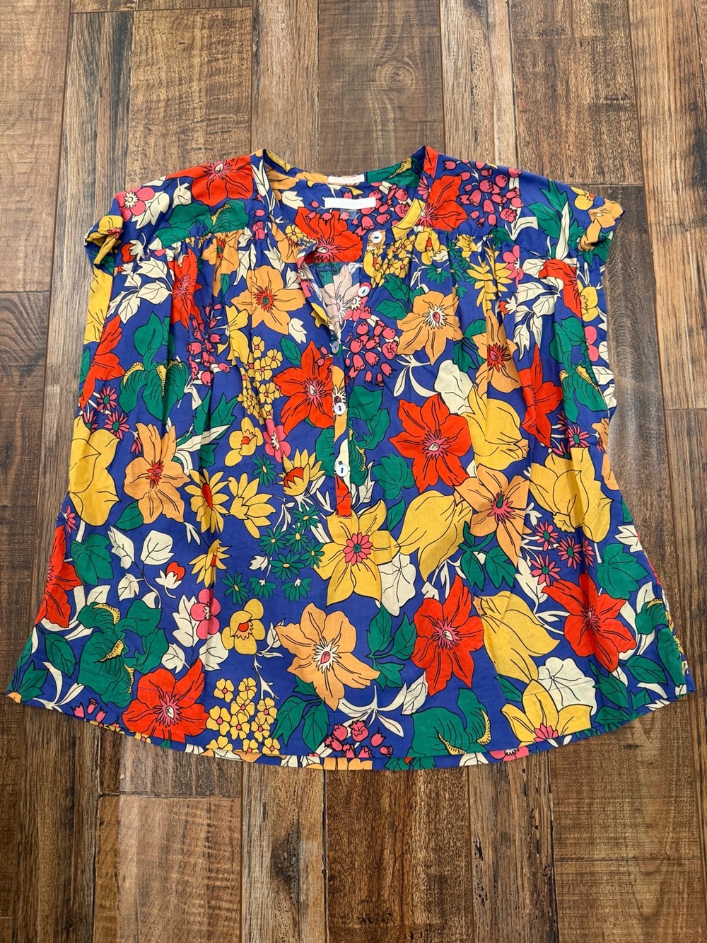 MOTHER Floral Button-Front Short Sleeve Top - Blue, Red, Yellow, Green